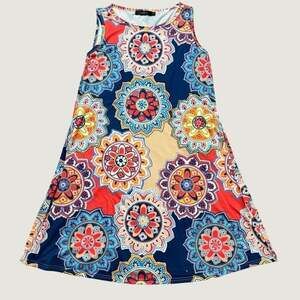 ZESICA Womens Mandala Floral Medallion Sleeveless Swing Dress With Pockets Red L